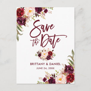 Modern Brush Script Spara datum Blommig Burgunder Meddelande Vykort