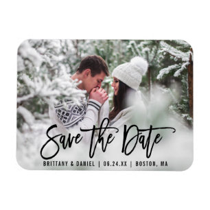 Modern Brush Script Spara Datum Foto B Magnet
