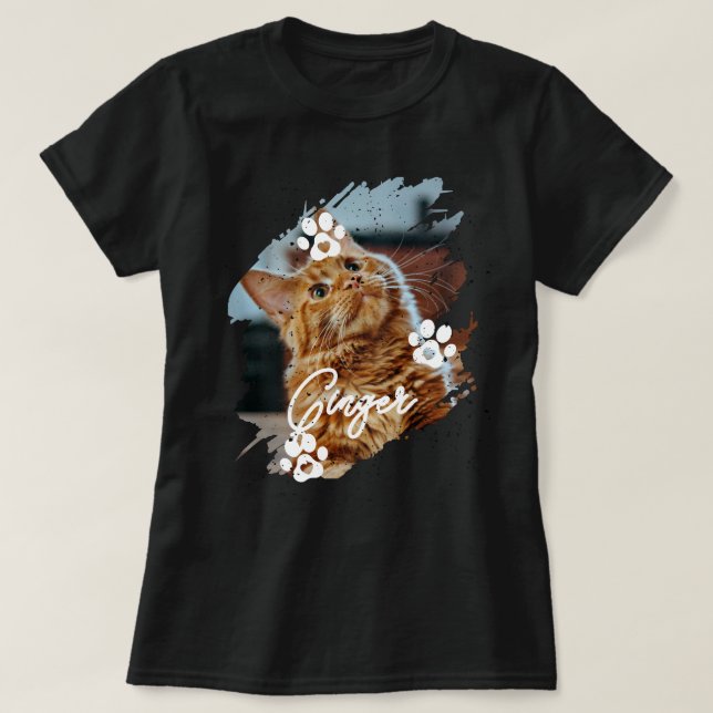 Modern Brushstroke Pet Cat Photo & Name T Shirt (Design framsida)