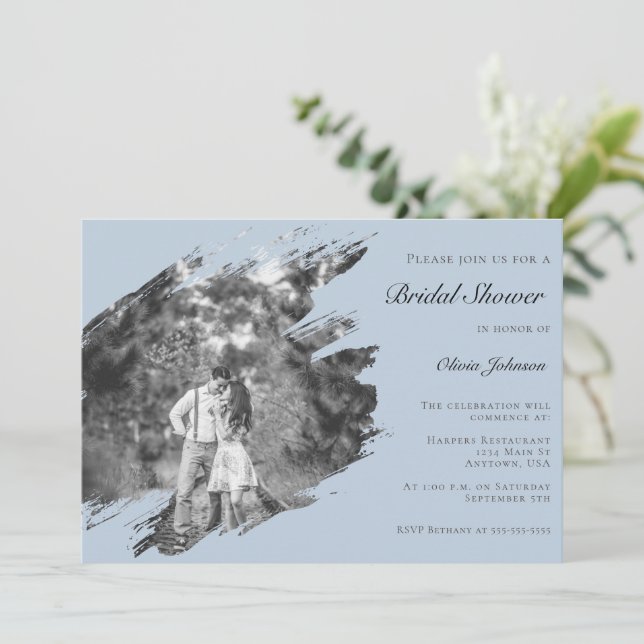 Modern Brushstroke Photo Bridal Shower Blue Inbjudningar (Stående Fram)