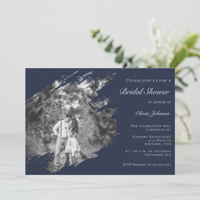 Modern Brushstroke Photo Bridal Shower Navy Blue Inbjudningar (Stående Fram)