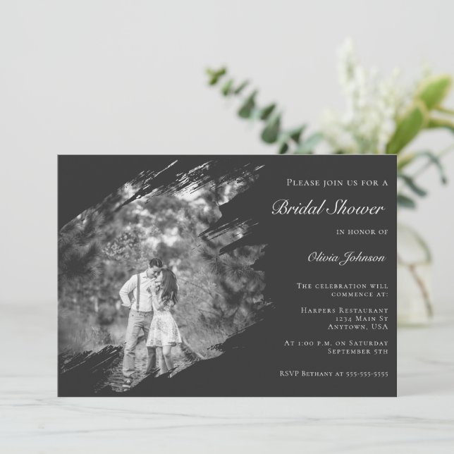 Modern Brushstroke Photo Bridal Shower Soft Black Inbjudningar (Stående Fram)
