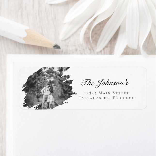 Modern Brushstroke Photo Bröllop | White Adress Returadress Etikett (Insitu)