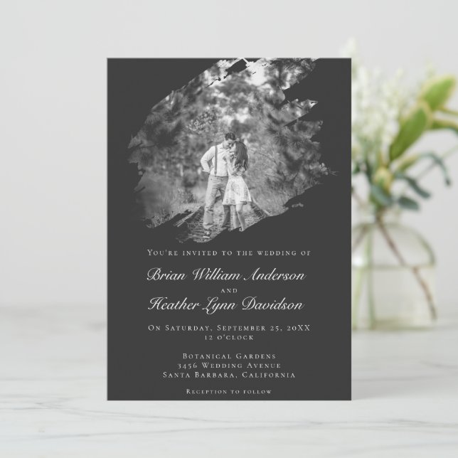 Modern Brushstroke Photo Wedding | Soft Black Inbjudningar (Stående Fram)