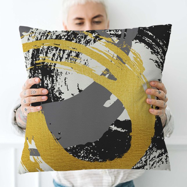 Modern Brushstrokes - Guld, Grått och svart Kudde (Skapare uppladdad)
