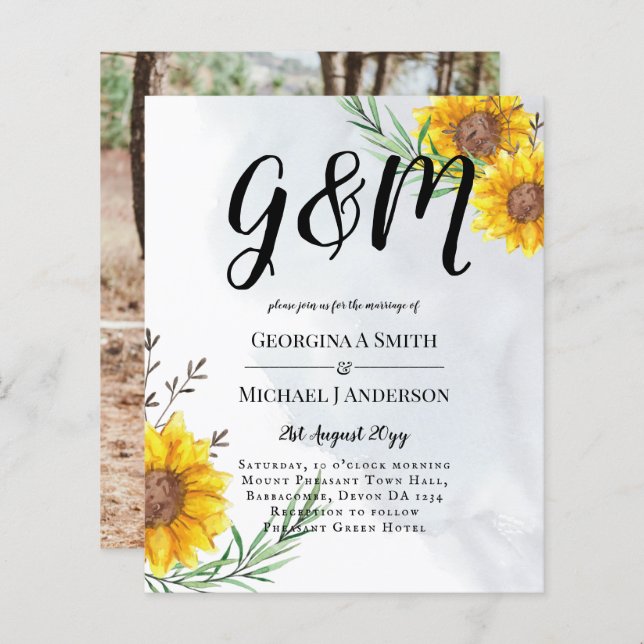 Modern BUDGET Solrosgul bröllopsinbjudan (Fram/baksida)