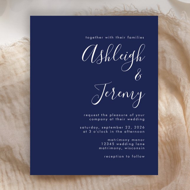 Modern budgetbröllopsinbjudan i marinblå (Skapare uppladdad)