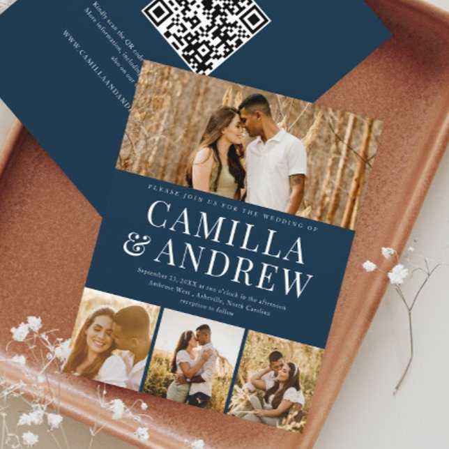 Modern budgetbröllopsinbjudan med 4 fotos QR-kod (A modern typography 4 photo navy blue wedding invitation with QR Code RSVP on the back.)