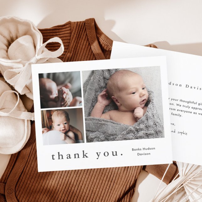 Modern budgetfotokollage Baby - tackkort (Simple 3 Photo Collage Budget Baby Thank You Cards.)
