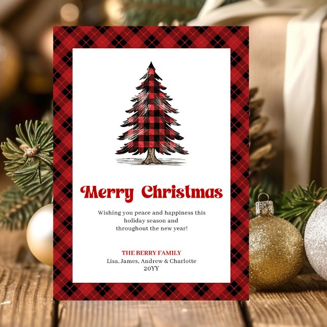 Modern Buffalo Plaid Christmas Tree Greeting Card Julkort (Send warm holiday wishes with this modern watercolor Christmas greeting card, featuring a red and bl)