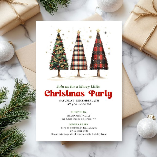 Modern buffél rutnät julgran utskrivbar  inbjudningar (Modern buffalo plaid Christmas tree printable invite)