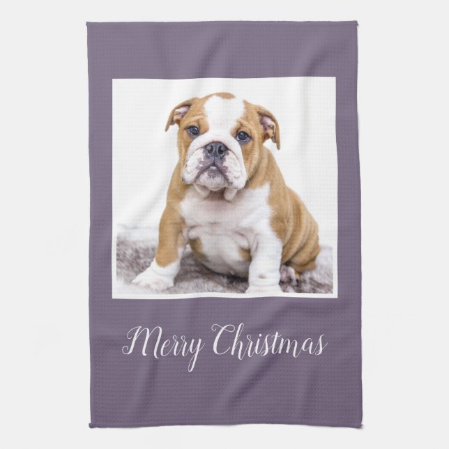 Modern Bulldog Hund God jul Helgdag Photo K Kökshandduk (Vertikal)