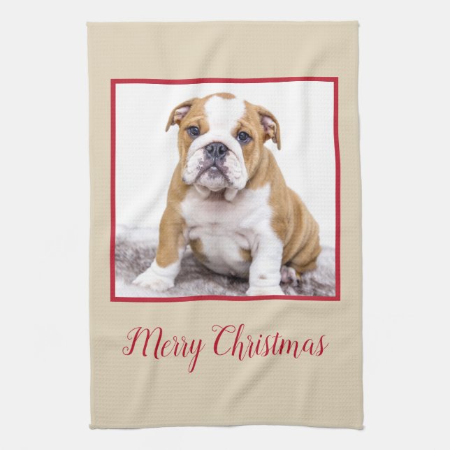 Modern Bulldog Hund God jul Helgdag Photo Kökshandduk (Vertikal)