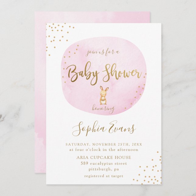 Modern Bunny Typography Baby Shower Chic Rosa Guld Inbjudningar (Fram/baksida)