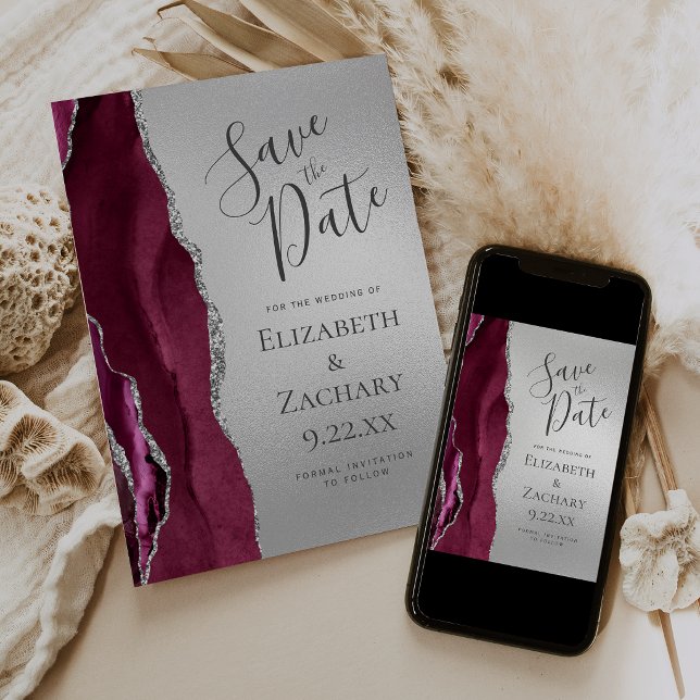 Modern Burgunder Agat Silver Save the Date Inbjudningar (Skapare uppladdad)