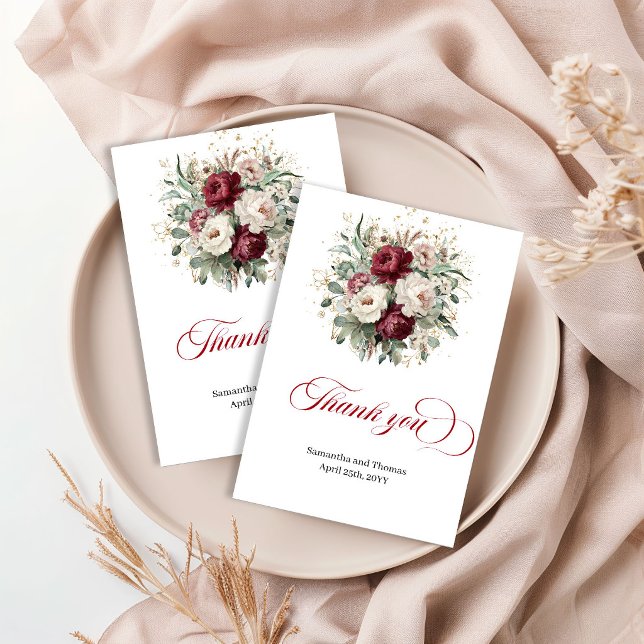 Modern burgunder Blommig Eukalyptus Guld Tackkort Tack Kort (Modern Burgundy Floral Eucalyptus Gold Thank You Card)