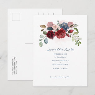 Modern Burgunder Blommig Rustik Save The Date Meddelande Vykort