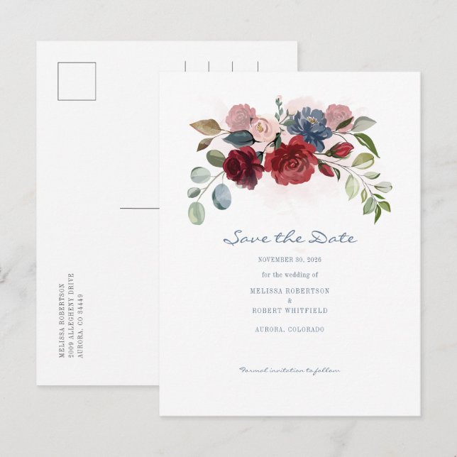 Modern Burgunder Blommig Rustik Save The Date Meddelande Vykort (Fram/baksida)