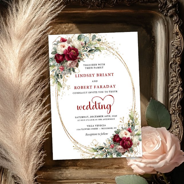 Modern Burgunder Boho Blommig Bröllopsinbjudan Inbjudningar (Modern Burgundy Boho Floral Wedding Invitation)