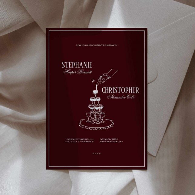 Modern Burgunder Bröllopsinbjudan för Champagne To Inbjudningar (deep red cherry vintage old money wedding invitation, burgundy illustrated wedding invite card )