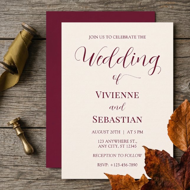 Modern Burgunder Elfenbensskrift Minimalistisk Brö Inbjudningar (Modern Burgundy Ivory Script Minimalist Wedding Invitation)
