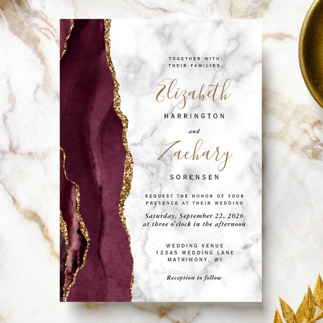 Modern Burgunder Guld Agat Marmor Bröllop Inbjudningar (A perfect choice for a burgundy and gold themed wedding.)