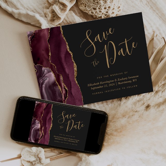 Modern Burgunder Guld Agat Mörk Save the Date-kort Inbjudningar (Skapare uppladdad)