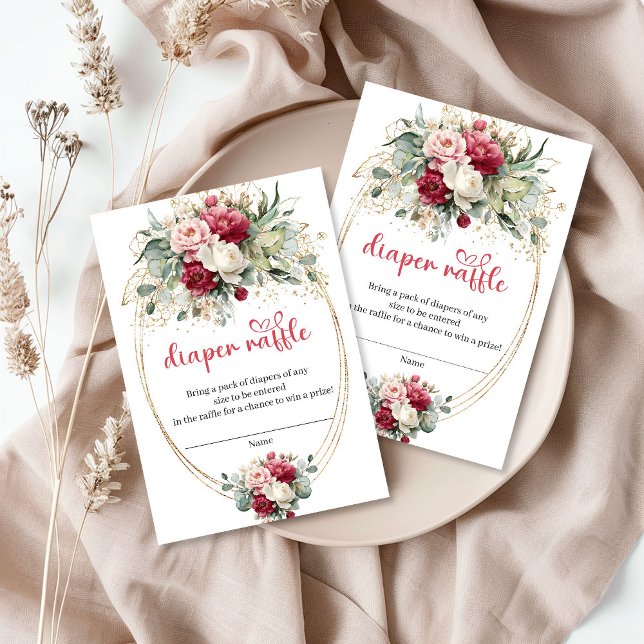 Modern Burgunder Guld Blommig Diaper Lotteri Kort (Modern Burgundy Gold Floral Diaper Raffle Card)