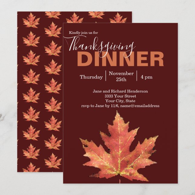 Modern Burgunder Höstbladskalas på Thanksgiving Inbjudningar (Fram/baksida)