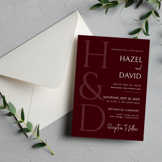 Modern Burgunder Monogram Minimalistisk Bröllopskl Inbjudningar (Modern burgundy monogram wedding invitation sets a rich, elegant tone for your celebration.)