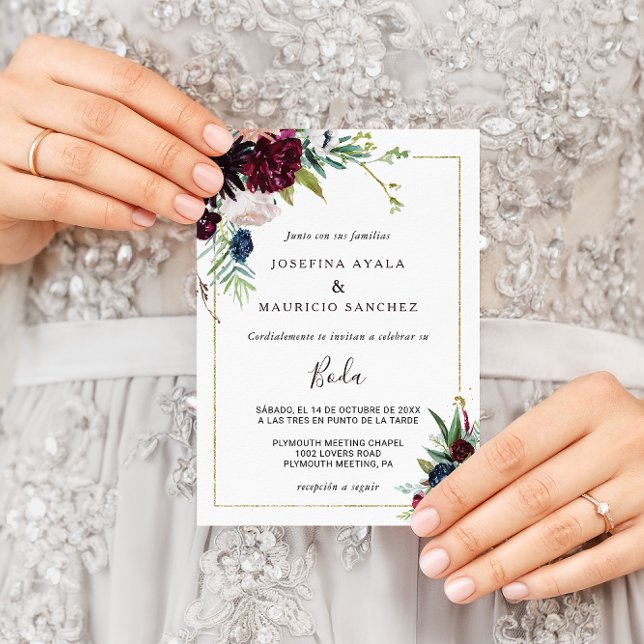 Modern Burgunder Navy Rosa Blommig Spansk Bröllop Inbjudningar (Skapare uppladdad)
