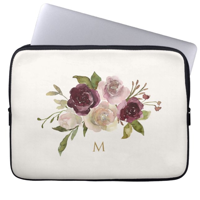 Modern Burgunder Rosa Blommig Akvarellmonogram Laptop Fodral (Framsidan)