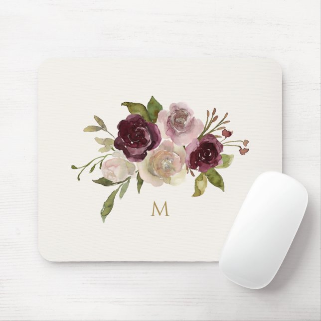 Modern Burgunder Rosa Blommig Akvarellmonogram Musmatta (Med mus)