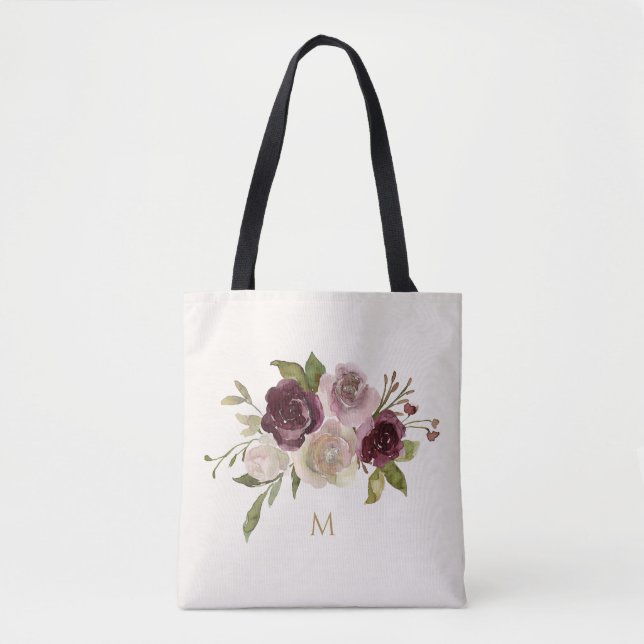 Modern Burgunder Rosa Blommig Akvarellmonogram Tygkasse (Framsida)
