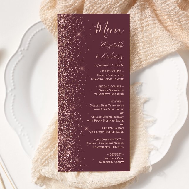 Modern Burgunder Rosa Guld Glitter Kant Bröllop Meny (Skapare uppladdad)