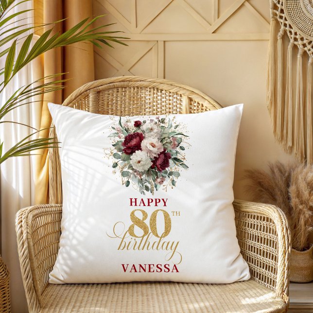 Modern Burgunder Rosé 80-årsdekor Kudde (Modern Burgundy Blush 80th Birthday Decor)