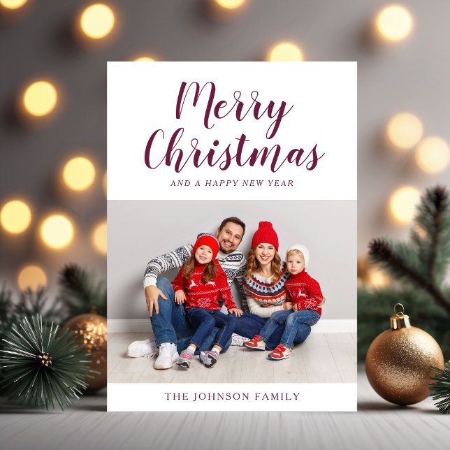 Modern Burgunder Script Ett Foto Jul Julkort (Modern Burgundy Script One Photo Christmas Holiday Card)