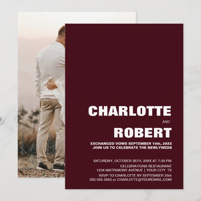 Modern burgunderbröllopsmottagning inbjudningar (Fram/baksida)