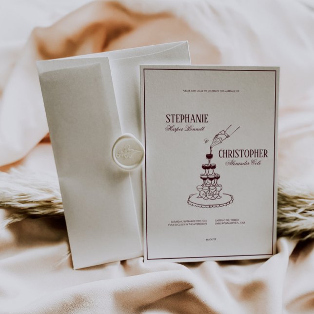 Modern burgunderfärgad champagne torn bröllopsinbj inbjudningar (burgundy modern retro wedding invitation, hand drawn champagne tower, deep red wedding invite )