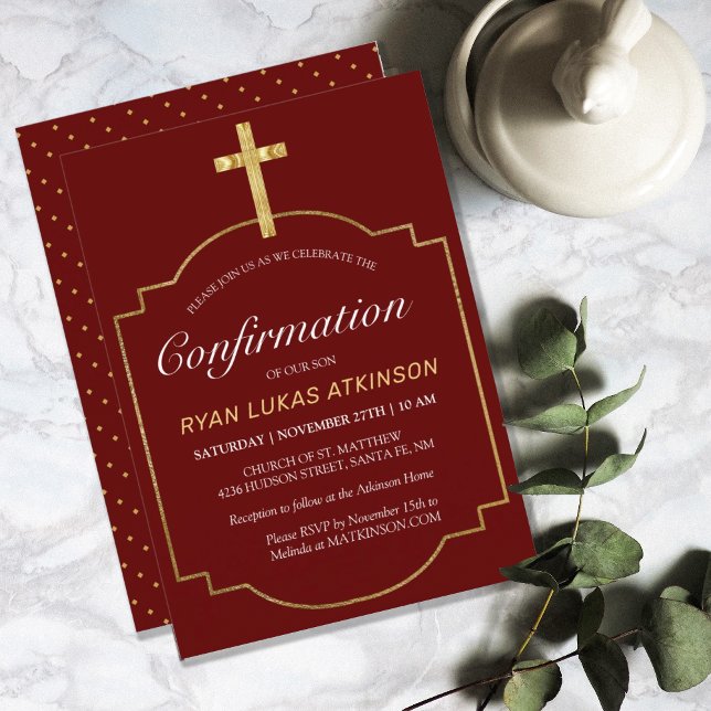Modern burgunderfärgad enkel guldkorskonfirmation inbjudningar (MODERN BURGUNDY SIMPLE GOLD CROSS CONFIRMATION INVITATION)