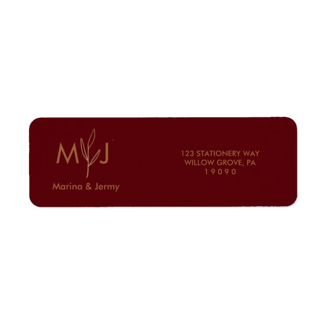 Modern burgunderguld bladmonogram  returadress etikett (Framsidan)