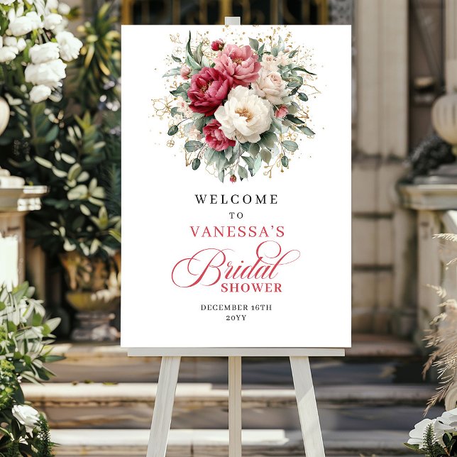 Modern burgunderguld floral bröllopsdusch välkomme poster (Modern Burgundy Gold Floral Bridal Shower Welcome)