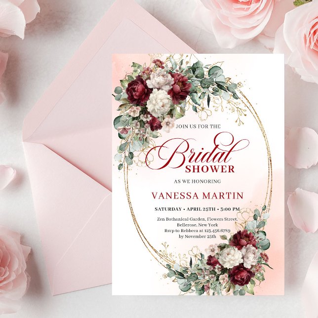 Modern burgunderguld ram bröllopsfestinladning inbjudningar (Modern Burgundy Gold Frame Bridal Shower Invite

)