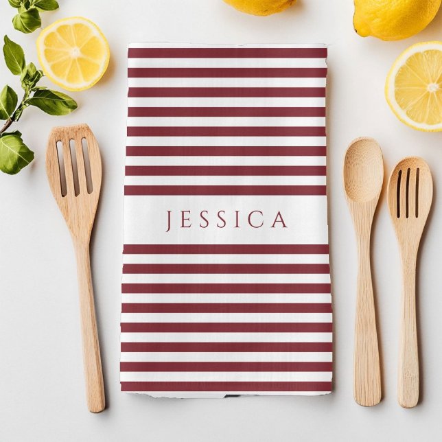 Modern Burgunderrandigt Mönsternamn Kökshandduk (Modern Burgundy Striped Pattern Name Kitchen Towel)