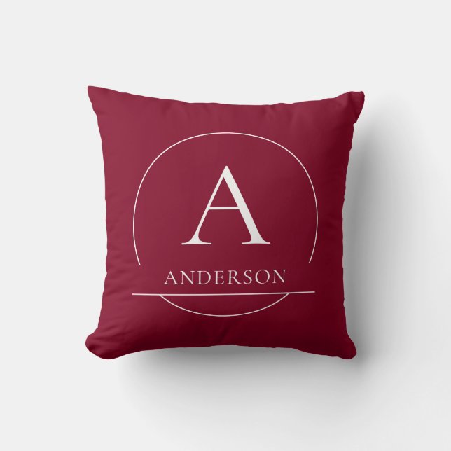 Modern Burgunderröd Enkel Familjenamn Monogram Kudde (Framsida)
