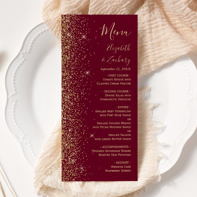 Modern Burgunderröd Guld Glitter Kant Bröllop Meny (Skapare uppladdad)