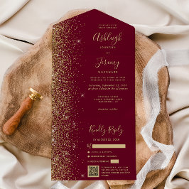 Modern Burgunderröd Guld Glitter QR-kod Bröllop