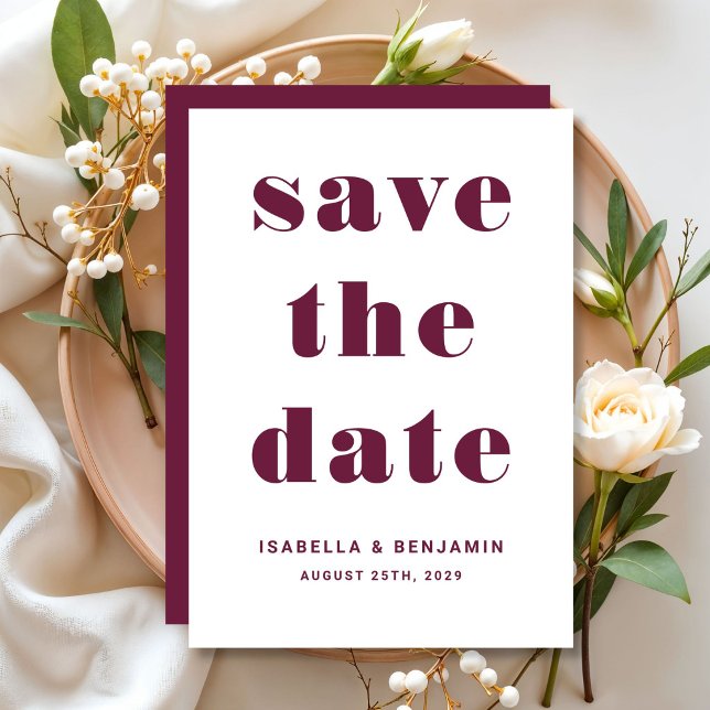 Modern Burgunderröd typografi bröllop Spara Datumet (Modern Burgundy Red Typography Wedding Save The Date)