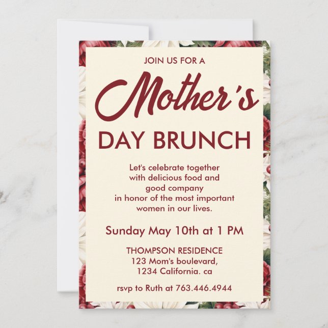 Modern burgundervit blomsterlig morbrunch inbjudningar (Framsida)