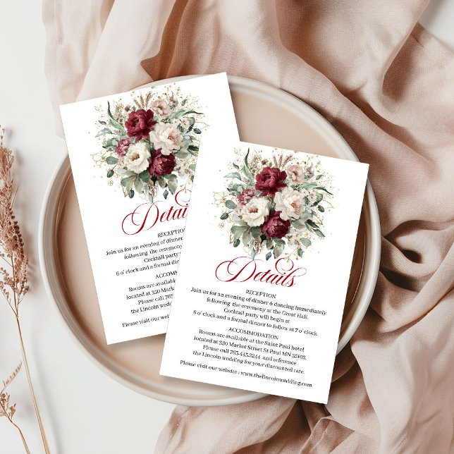 Modern Burgundisk Blommig Eukalyptus Grönska Guld Tilläggskort (Modern Burgundy Floral Eucalyptus Greenery Gold Info Card)